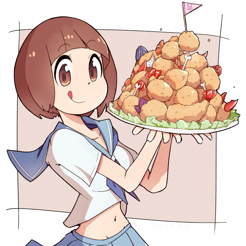 1girl :p blue_sailor_collar blue_skirt bluearcadegames blunt_bangs bone bowl_cut breasts brown_eyes brown_hair chicken_(food) fish_(food) food fried_chicken fried_fish highres holding holding_plate kill_la_kill looking_at_viewer mankanshoku_mako medium_breasts mini_flag navel plate pleated_skirt sailor_collar school_uniform shirt shrimp shrimp_tempura skirt smile solo tempura tongue tongue_out upper_body white_shirt