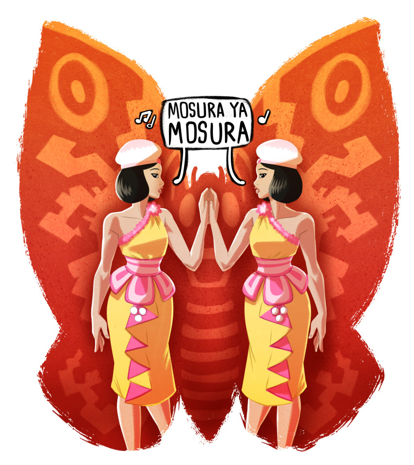 2girls black_eyes black_hair bug dress female_focus hat highres insect medium_hair moth mothra mothra_(series) mothra_vs._godzilla multiple_girls music pyrasterran shobijin siblings singing sisters standing twins white_hat yellow_dress