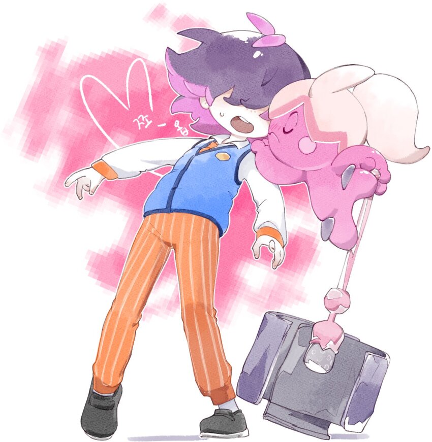 blue_vest blush closed_eyes closed_mouth colored_skin dot_(pokemon) hair_over_eyes hammer highres hmtsdth holding holding_hammer jacket kiss long_hair long_sleeves multicolored_hair naranja_academy_(emblem) naranja_academy_school_uniform necktie nintendo open_clothes open_mouth orange_necktie orange_shorts pants pink_hair pink_skin pokemon pokemon_(anime) pokemon_(creature) pokemon_horizons ponytail purple_eyes purple_hair school_uniform shirt short_hair shorts standing tinkatuff vest