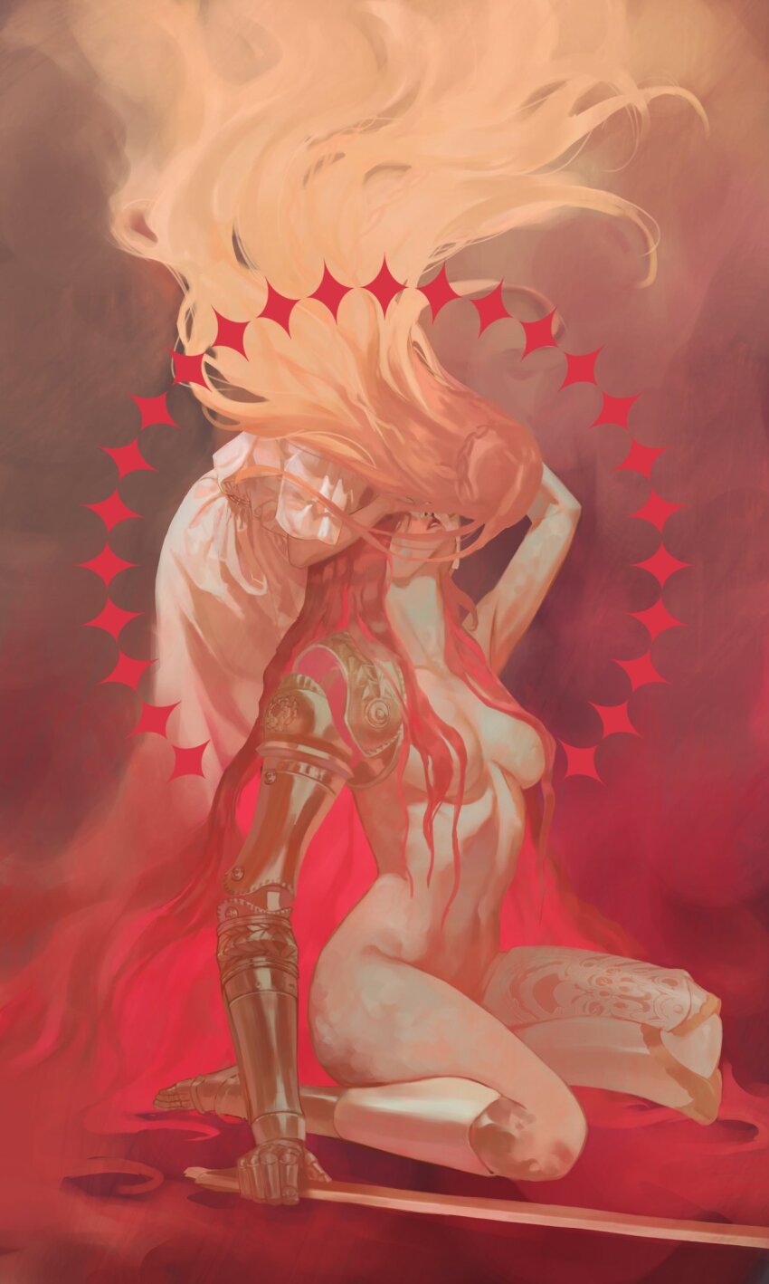 1boy 1girl blonde_hair braid breasts brother_and_sister covered_eyes dress elden_ring floating_hair full_body half_up_braid head_back highres holding holding_sword holding_weapon long_hair malenia_blade_of_miquella mechanical_arms mechanical_legs miquella_(elden_ring) nude onex111x parted_lips prosthesis prosthetic_arm prosthetic_leg red_background red_hair siblings single_mechanical_arm single_mechanical_leg sitting sword very_long_hair wariza weapon white_dress