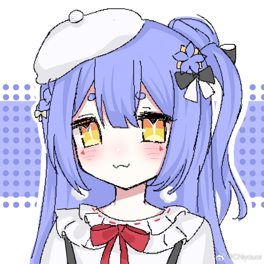 1girl :3 azusa_(vtuber) virtuareal_link beret blue_hair blush dress duoyun_zhuan_xiao_you flower hair_flower hair_ornament hat jaggy_lines nijisanji portrait red_ribbon ribbon solo teardrop_facial_mark virtual_youtuber virtuareal watermark weibo_username weibo_watermark white_dress white_hat yellow_eyes