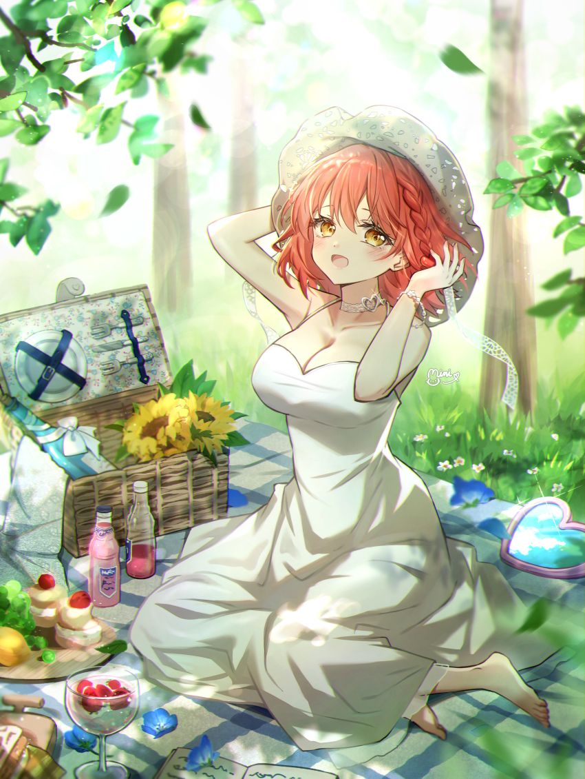 1girl :d absurdres bare_arms bare_shoulders barefoot blue_flower blush bottle bracelet braid breasts brown_eyes cleavage collarbone commission cup danby_merong day dress drinking_glass falling_leaves flower food fruit hair_between_eyes highres jewelry large_breasts leaf looking_at_viewer open_mouth orange_hair original outdoors picnic picnic_basket sitting sleeveless sleeveless_dress smile solo strawberry sunflower tree white_dress yellow_flower yokozuwari