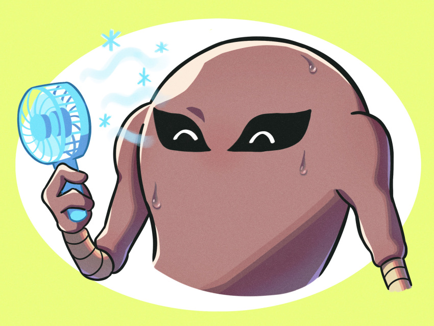^_^ border closed_eyes commentary_request electric_fan gen_1_pokemon green_border hand_up handheld_electric_fan highres hitmonlee holding hot nintendo no_humans nori_(hgdm2784) pokemon pokemon_(creature) solo sweat upper_body