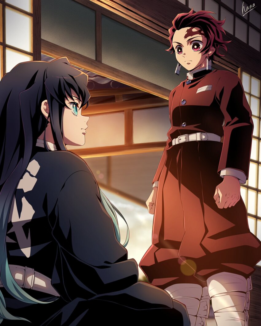2boys aqua_eyes aqua_hair architecture belt belt_buckle black_hair black_hakama brown_hakama buckle buttons clenched_hands demon_slayer_uniform earrings east_asian_architecture facial_mark forehead_mark hakama hakama_pants hana_ni_nare hanafuda_earrings highres indoors japanese_clothes jewelry kamado_tanjirou kimetsu_no_yaiba long_hair looking_at_another male_focus multicolored_hair multiple_boys on_floor pants red_eyes red_hair shouji sitting slice_of_life sliding_doors standing tokitou_muichirou white_belt