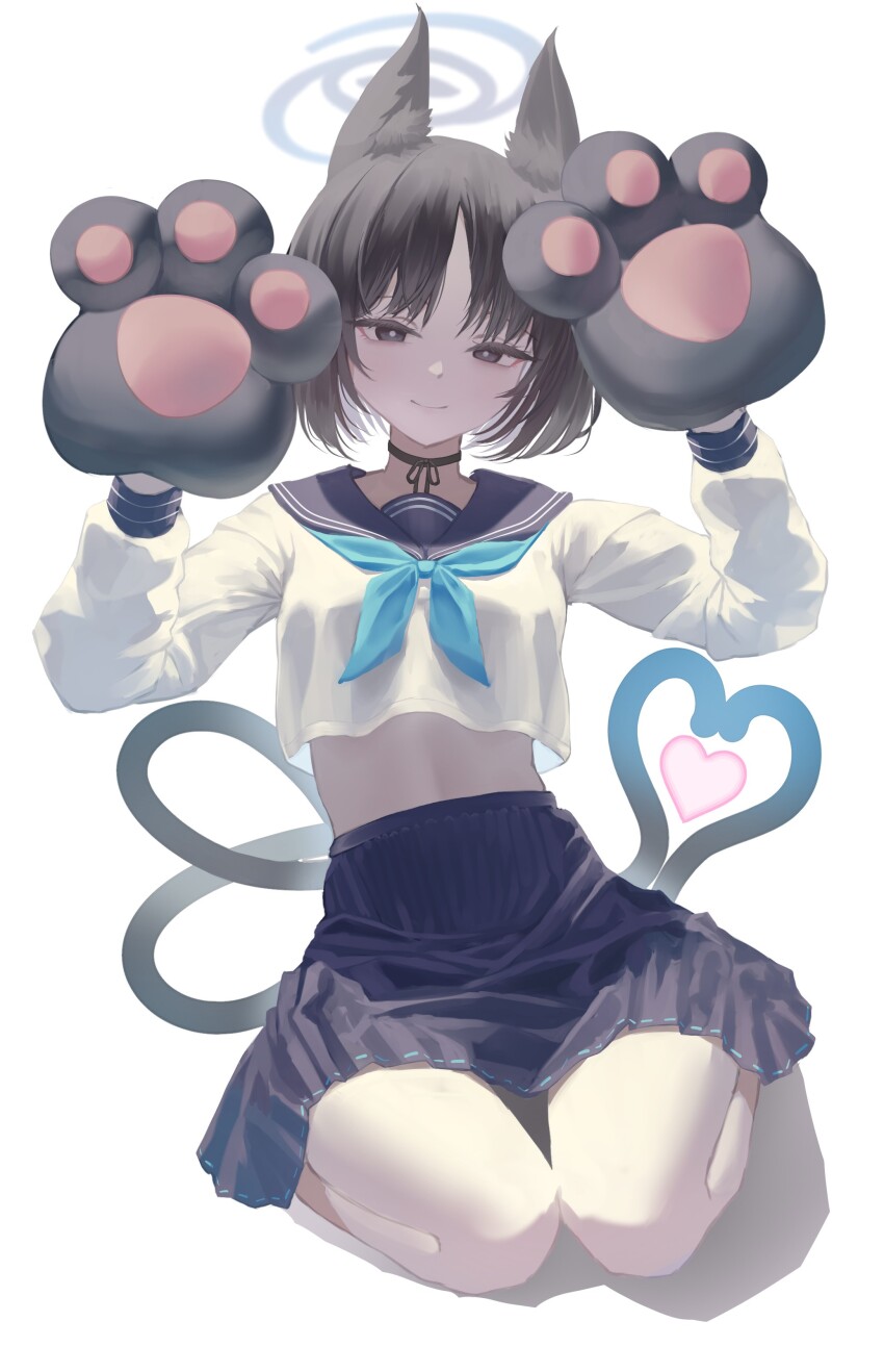 1girl absurdres animal_ears animal_hands aqua_neckerchief azuma_(sospower73) black_choker black_hair blue_archive blue_skirt bright_pupils cat_ears cat_tail choker commentary_request cropped_shirt eyeshadow gloves halo hands_up heart heart_tail highres kikyou_(blue_archive) looking_at_viewer makeup midriff multiple_tails neckerchief paw_gloves red_eyeshadow school_uniform seiza serafuku shirt short_hair simple_background sitting skirt smile solo tail white_background white_pupils white_shirt