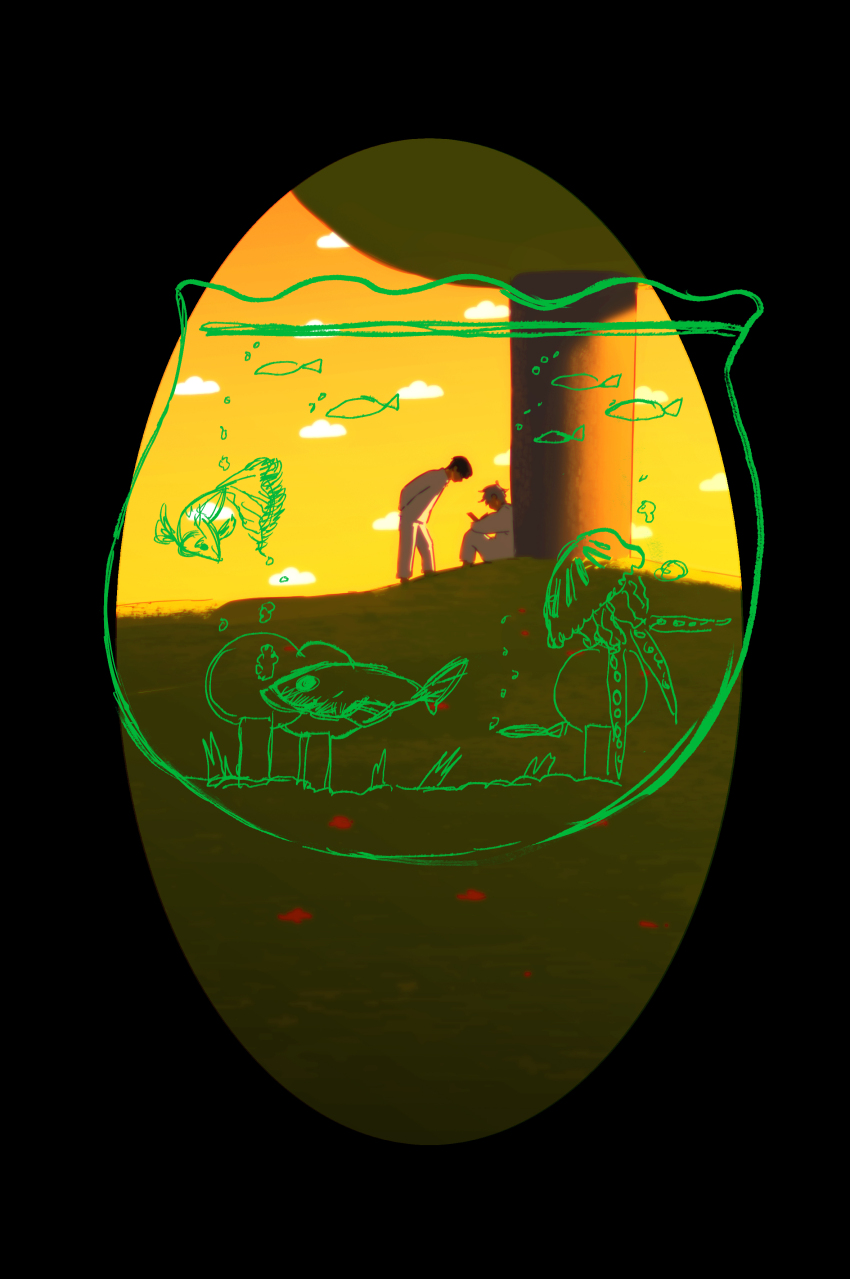 2boys absurdres alien_stage black_hair commentary english_commentary fishbowl full_body grey_hair highres ivan_(alien_stage) jellyfish male_focus multiple_boys official_art on_grass pants second-party_source shirt sitting till_(alien_stage) tree under_tree white_pants white_shirt