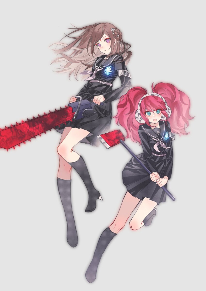 2girls alternate_costume armband axe black_boots black_shirt black_skirt blue_eyes blush boots brown_hair knee_boots chainsaw closed_mouth creator_connection crossover female_focus full_body grey_background high_heel_boots high_heels highres holding holding_axe holding_chainsaw holding_weapon illowine kurashiki_akane kyokugen_dasshutsu kyokugen_dasshutsu:_9_jikan_9_nin_9_no_tobira last_defense_academy_school_uniform looking_at_viewer multiple_girls open_mouth pink_hair pleated_skirt purple_eyes shirt simple_background skirt the_hundred_line_-last_defense_academy- twintails weapon yotsuba_(kyokugen_dasshutsu)