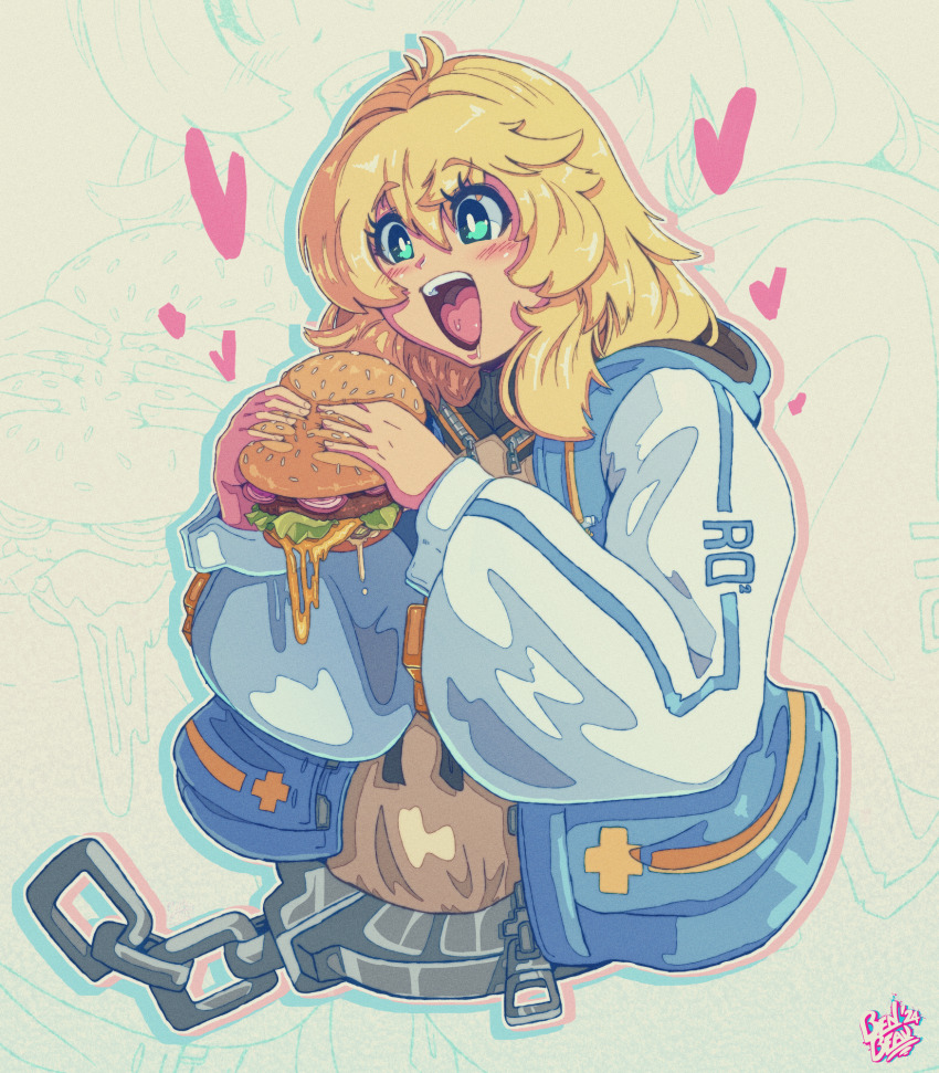 1boy artbenbeau benbeau blonde_hair blush bridget_(guilty_gear) burger food green_eyes guilty_gear guilty_gear_strive heart highres holding holding_burger holding_food long_sleeves medium_hair open_mouth smile solo teeth tongue trap upper_body upper_teeth_only