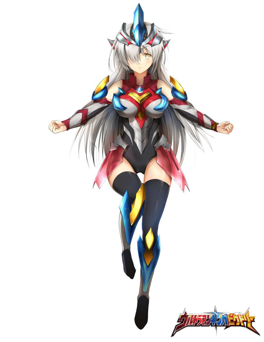 1girl absurdres armor bad_id bad_pixiv_id bare_shoulders black_leotard black_thighhighs breasts character_name clenched_hands copyright_name detached_sleeves faulds female_focus full_body genderswap genderswap_(mtf) greaves grey_hair hair_over_one_eye headgear high_collar highres large_breasts leg_up leotard long_hair looking_at_viewer outstretched_arms parted_lips personification simple_background solo taro_(ultrataro) thighhighs ultra_series ultraman_ginga ultraman_ginga_(series) ultraman_ginga_s ultraman_ginga_victory white_background yellow_eyes