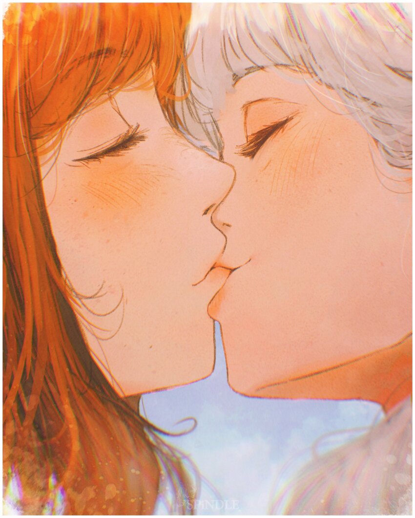 2girls absurdres artist_name asimov_(spindle_(aidenr0)) blush border close-up closed_eyes commentary from_side highres kiss multiple_girls orange_hair original ottilie_(spindle_(aidenr0)) spindle_(aidenr0) white_border white_hair yuri