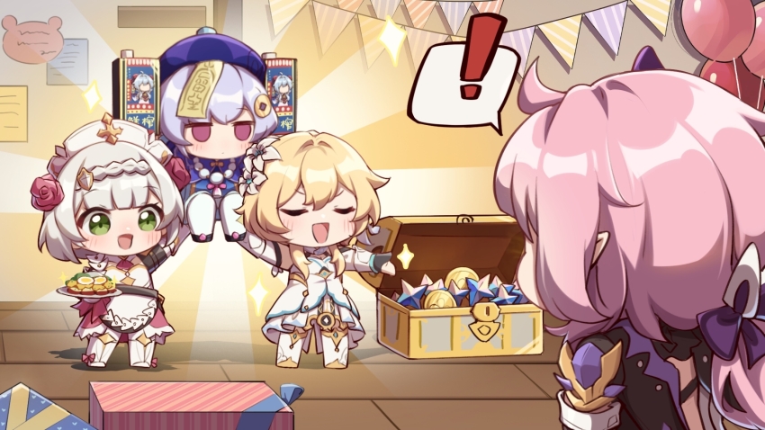 ! 4girls apron balloon blonde_hair box coin crossover dress elf elysia_(honkai_impact) elysia_(miss_pink_elf)_(honkai_impact) from_behind ganyu_(genshin_impact) genshin_impact gift gift_box gold_coin green_eyes hat highres holding holding_plate honkai_(series) honkai_impact_3rd indoors long_hair lumine_(genshin_impact) maid maid_apron mihoyo multiple_girls noelle_(genshin_impact) open_mouth pink_hair plate pointy_ears primogem purple_hair qiqi_(genshin_impact) short_hair treasure_chest white_apron white_dress white_hair white_hat xinzhizhu