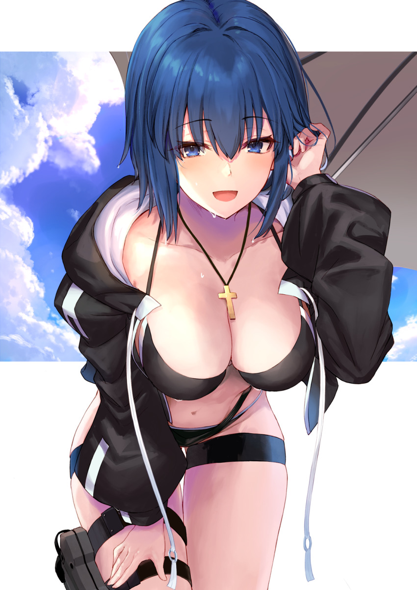 1girl :d bikini black_bikini black_jacket blue_eyes blue_hair breasts c.i.e.l_(fate) c.i.e.l_(first_ascension)_(fate) ciel_(tsukihime) cleavage cross cross_necklace fate/grand_order fate_(series) hair_between_eyes hand_on_own_thigh highres holster jacket jewelry large_breasts leaning_forward long_sleeves looking_at_viewer navel necklace ninoude_(ninoude44) open_clothes open_jacket open_mouth short_hair smile solo swimsuit thigh_holster thigh_strap wet