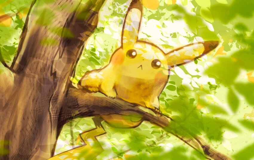 :&lt; closed_mouth commentary_request creatures_(company) dappled_sunlight dot_nose full_body game_freak gen_1_pokemon in_tree leaf looking_at_viewer nintendo outdoors pikachu pokemon pokemon_(creature) sunlight toneko tree