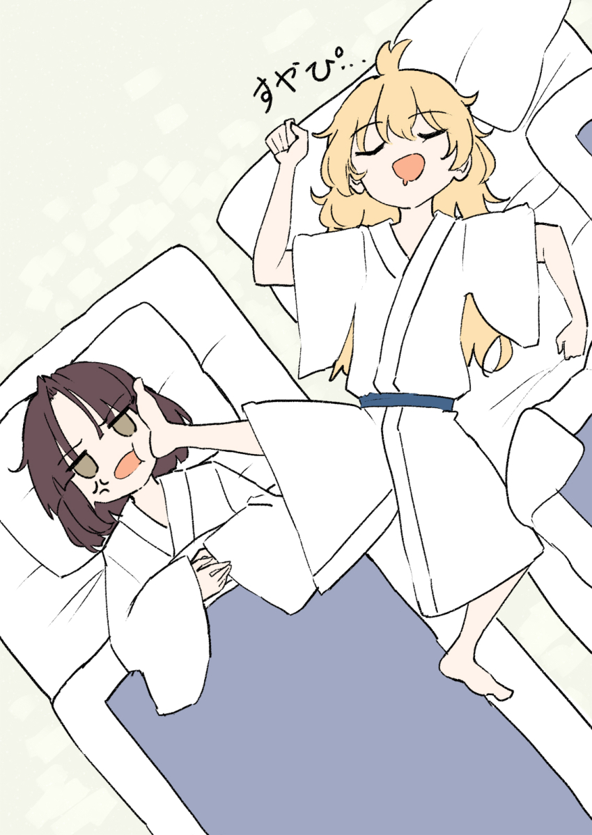2girls alternate_costume anger_vein angry blonde_hair brown_eyes brown_hair closed_eyes commentary_request deetamu drooling futon hakurei_reimu highres japanese_clothes kimono kirisame_marisa long_hair long_sleeves lying mouth_drool multiple_girls no_hair_bow no_headwear on_back pillow sleeping touhou translation_request under_covers white_kimono wide_sleeves