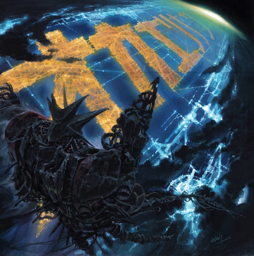 cloud earth_(planet) falling gainax gunbuster highres hiroshi_sasaki light mecha official_art planet robot top_wo_nerae! top_wo_nerae!_(series)