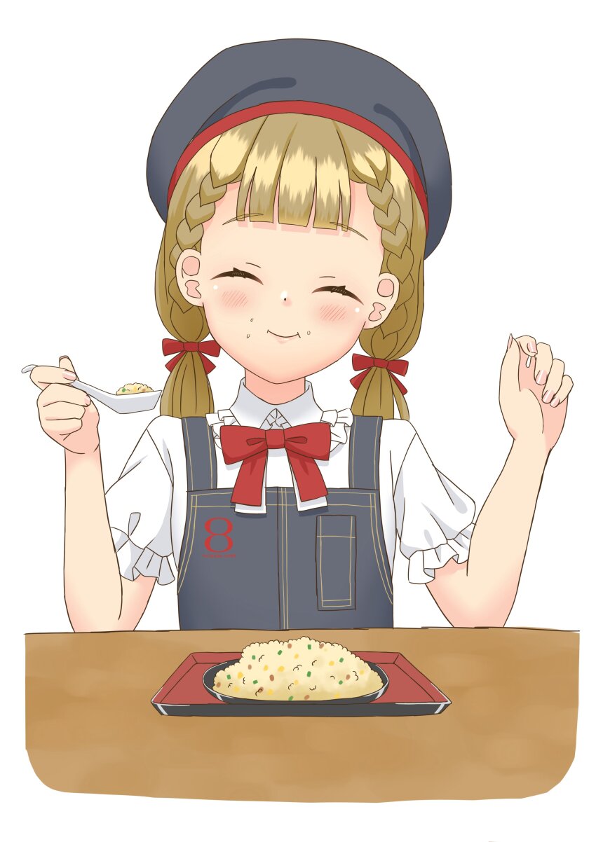 1girl :i ^_^ absurdres apron beret black_apron black_hat blush bow bowtie braid brown_hair center-flap_bangs chinese_spoon closed_eyes collared_shirt commentary_request eating facing_viewer food fried_rice frilled_shirt_collar frilled_sleeves frills hachiban_ramen hachiban_ramen_uniform hat highres hot_plate kachimachi_kosuzu link!_like!_love_live! long_hair love_live! low_twintails official_alternate_costume red_bow red_bowtie shirt short_sleeves side_braids simple_background smile solo twintails virtual_youtuber white_background white_shirt yuki_tomosa_ngo