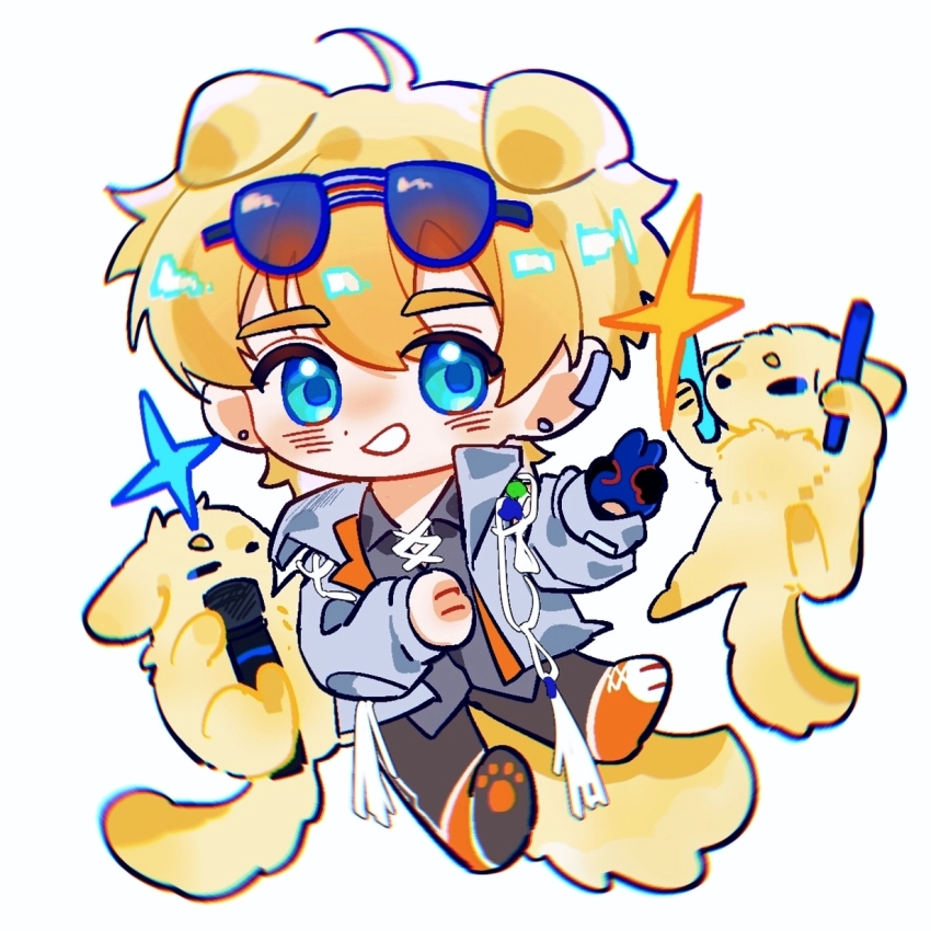 1boy ahoge animal animal_ears arknights black_gloves black_pants blonde_hair blue-tinted_eyewear blue_eyes blue_gloves blush chibi dog dog_boy dog_ears dog_tail ear_piercing earrings eyewear_on_head glitch gloves grey_jacket hair_between_eyes highres holding holding_lightstick holding_microphone jacket jewelry liaodongyao lightstick long_sleeves male_focus microphone nose_blush open_clothes open_jacket orange_shoes pants paw_print piercing shoes single_glove smile sneakers star_(symbol) string sunglasses tail teeth tequila_(arknights) tequila_(top_tier_live)_(arknights) thick_eyebrows tinted_eyewear white_background white_string