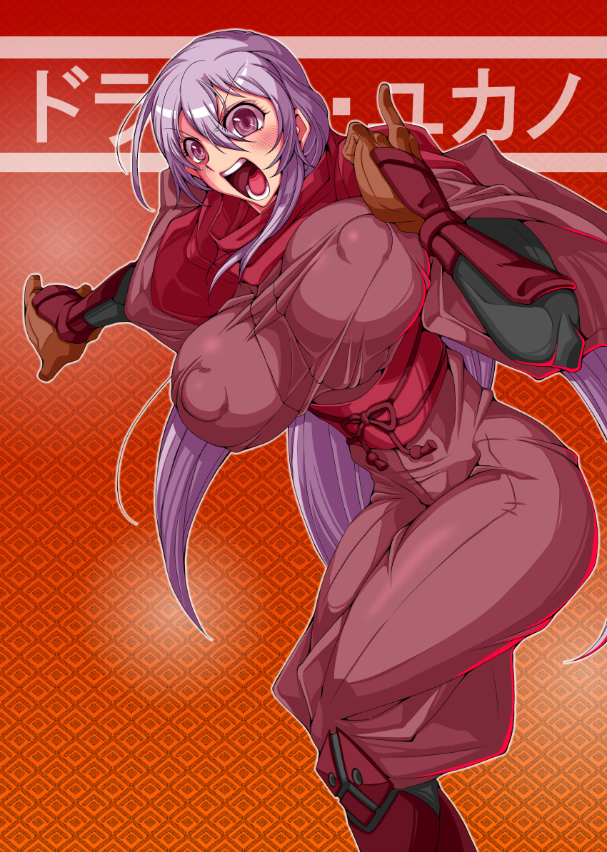 1girl absurdres armored_boots armored_gloves boots breasts character_name covered_erect_nipples dragon_yukano highres huge_breasts long_hair looking_at_viewer ninja ninja_slayer open_mouth purple_eyes purple_hair red_scarf scarf solo teeth tongue vambraces yoshitsuki