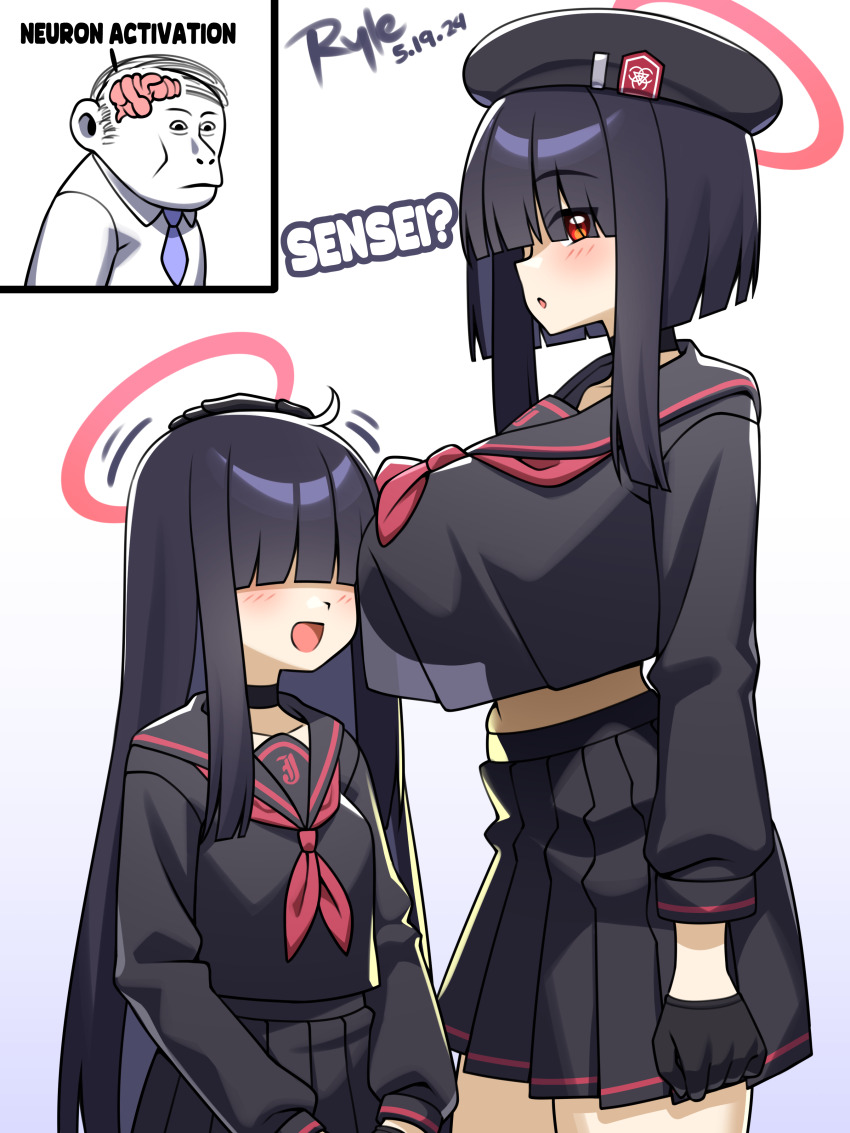 absurdres artist_name beret black_choker black_gloves black_hair black_hat black_sailor_collar black_serafuku black_skirt blue_archive blunt_bangs brain breasts choker covered_eyes crop_top crop_top_overhang dated faceless faceless_female gloves hair_over_eyes halo hand_on_another&#039;s_head hat headpat height_difference highres justice_task_force_member_(blue_archive) large_breasts long_bangs long_hair long_sleeves looking_at_viewer meme miniskirt neckerchief neuron_activation_(meme) open_mouth pleated_skirt red_eyes red_halo red_neckerchief ryle sailor_collar school_uniform see-through_silhouette serafuku skirt smile white_background