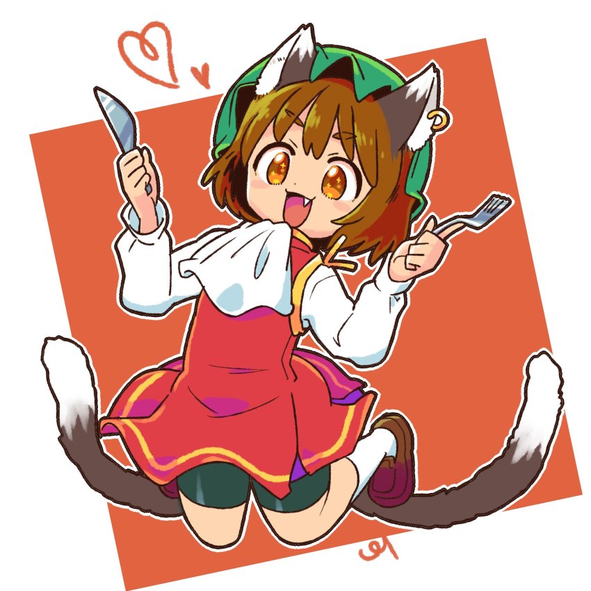 1girl :d animal_ears brown_eyes brown_hair cat_ears cat_tail chen dress fang full_body gold_trim hat heart highres mob_cap multiple_tails nekomata open_mouth pmx red_dress short_hair shorts smile solo tail touhou two_tails