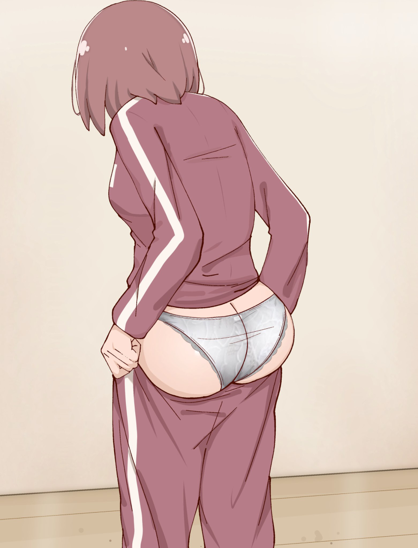 1girl ass brown_hair butt_crack commentary_request dressing facing_away frilled_panties frills from_behind grey_panties highres hoshino_miyako_(wataten) indoors large_variant_set long_sleeves panties pants poa_mellhen pulling_own_clothes red_pants red_track_suit short_hair standing sweatpants track_suit underwear variant_set watashi_ni_tenshi_ga_maiorita! wooden_floor