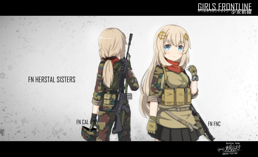 2girls absurdres ammunition_pouch artist_name assault_rifle belt_pouch between_breasts bilingual_text black_gloves black_skirt blonde_hair blue_eyes blush breasts brown_gloves brown_pants brown_shirt buckle camouflage camouflage_headwear camouflage_pants camouflage_shirt celtic_cross character_name chest_rig chin_strap chinese_commentary closed_mouth combat_helmet combat_shirt commentary commentary_request company_connection company_name copyright_name cowboy_shot cross dated dog_tags english_commentary facing_away feet_out_of_frame fn_cal fn_cal_(girls&#039;_frontline)_(kochiya_tenko) fn_fnc fn_herstal fnc_(girls&#039;_frontline) from_behind girls&#039;_frontline gloves green_headwear green_pants green_shirt grey_background gun gun_sling hand_up helmet highres holding holding_behind_back holding_dog_tags holding_helmet holding_weapon_behind_back kochiya_tenko letterboxed long_hair looking_at_viewer low_ponytail medium_breasts military_fatigues military_uniform miniskirt mixed-language_commentary mixed-language_text multicolored_pants multicolored_shirt multiple_girls no_nose original pants pleated_skirt pocket ponytail pouch rifle shirt signature skirt sleeves_rolled_up snap-fit_buckle standing three-quarter_sleeves unworn_headwear unworn_helmet weapon weapon_name white_background woodland_camouflage