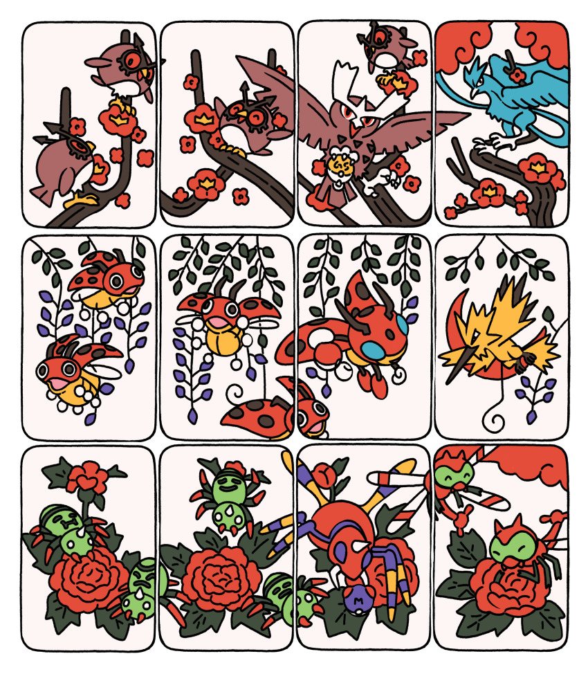 :d absurdres ariados articuno bird branch bug crescent_moon flower gen_1_pokemon gen_2_pokemon hanafuda highres hoothoot ledian ledyba legendary_pokemon moon nintendo no_humans noctowl on_branch open_mouth poke_ball pokemon pokemon_(creature) red_eyes sabling smile spinarak yanma zapdos