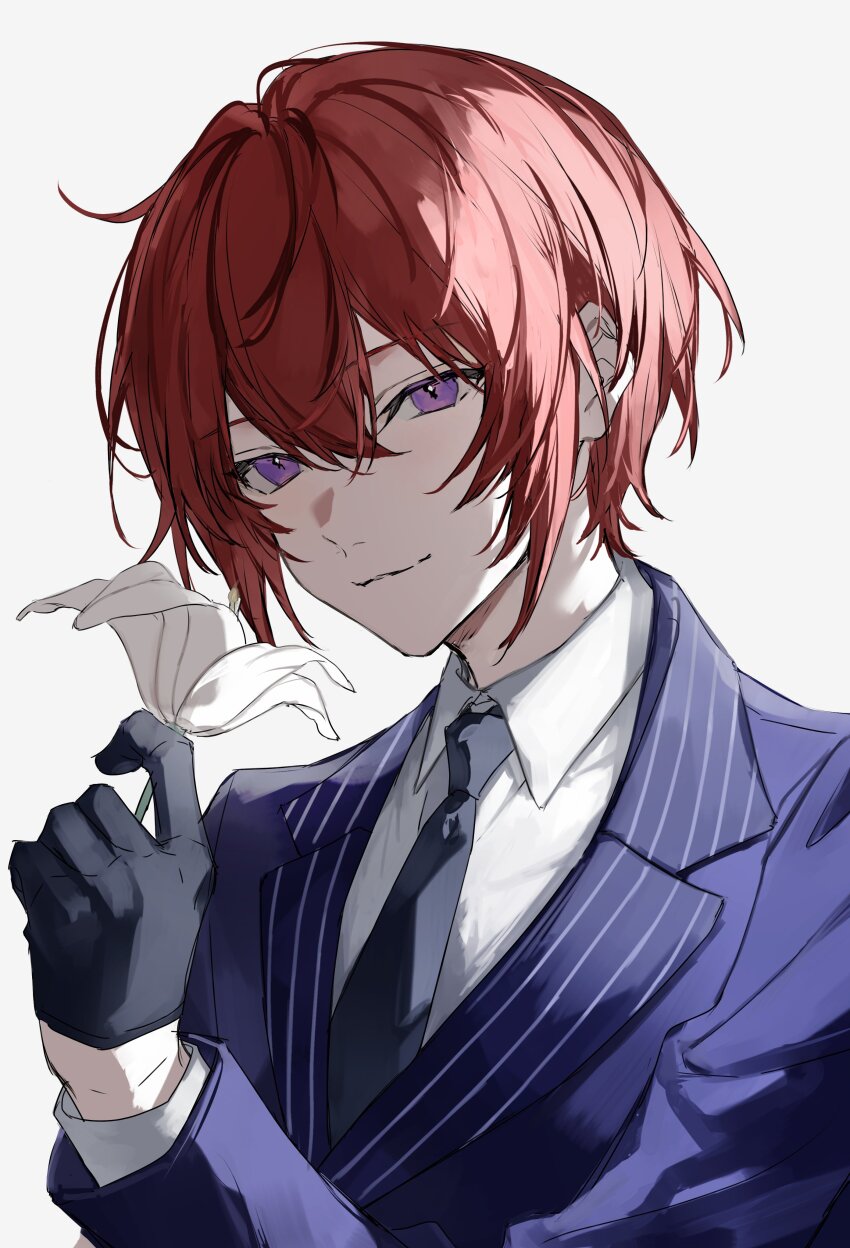 1boy absurdres alternate_costume black_gloves blue_necktie blue_suit double-parted_bangs ensemble_stars! flower formal_clothes gloves hair_between_eyes highres holding holding_flower light_smile lily_(flower) long_sleeves looking_at_viewer necktie nozz177 purple_eyes red_hair shirt short_hair simple_background solo suit suou_tsukasa white_background white_flower white_shirt