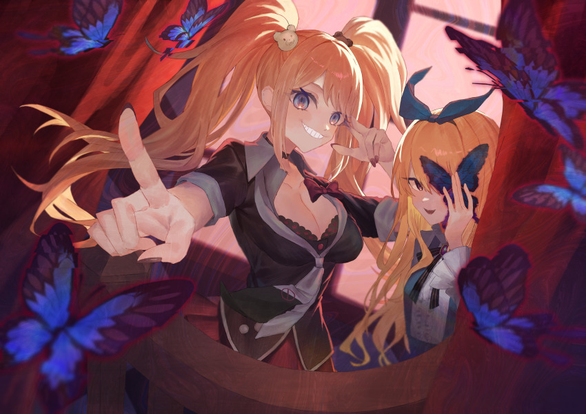2girls :d absurdres bear_hair_ornament black_necktie black_ribbon black_shirt blonde_hair blue_hairband bow breasts character_request cleavage collarbone crash_fever danganronpa:_trigger_happy_havoc danganronpa_(series) enoshima_junko grey_necktie grin hair_ornament hairband highres holding_butterfly large_breasts miniskirt multiple_girls neck_ribbon necktie open_mouth pink_eyes pleated_skirt pointing pointing_at_viewer red_bow red_skirt ribbon sabakanland shirt shirt_bow short_sleeves skirt smile striped_ribbon teeth two-tone_necktie window