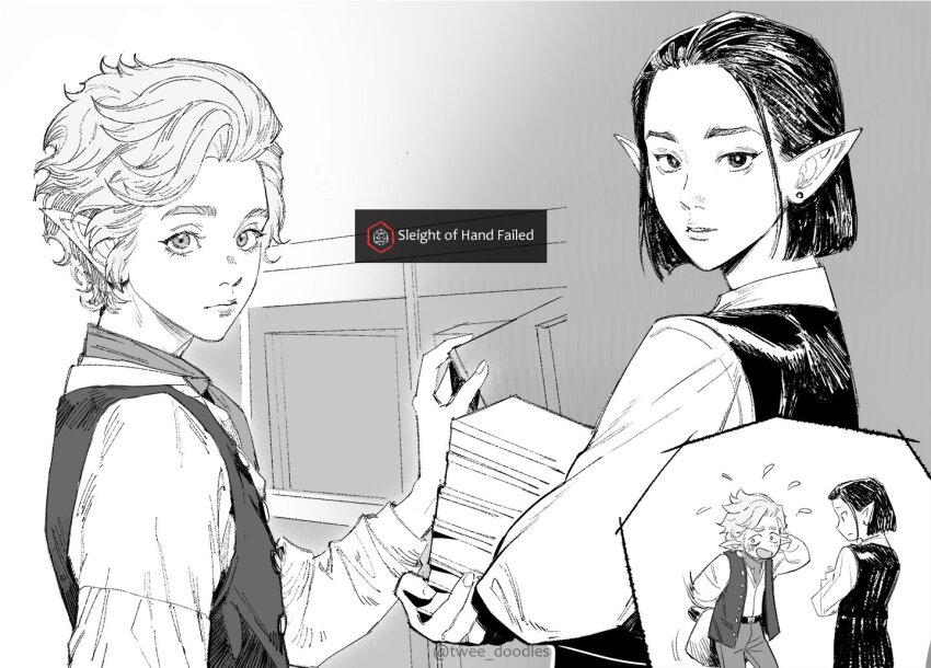 2boys aged_down astarion baldur&#039;s_gate baldur&#039;s_gate_3 bob_cut book cazador_szarr child dungeons_&amp;_dragons dungeons_&amp;_dragons earrings english_text holding holding_book jewelry looking_at_viewer multiple_boys pointy_ears short_hair spot_color theft tweedledraws