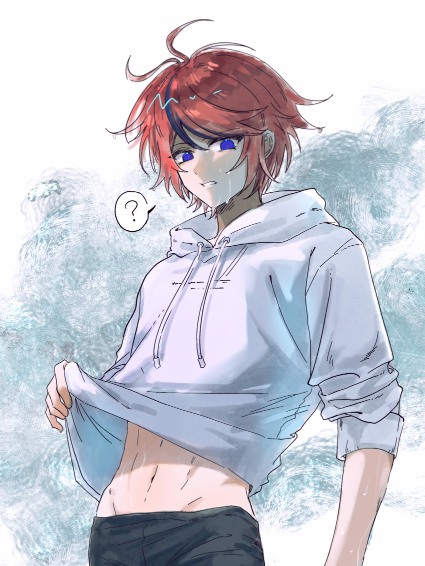 1boy ? ahoge black_pants black_streaks blue_eyes chinese_commentary clothes_lift cowboy_shot drawstring grey_background highres hood hoodie lifting_own_clothes male_focus multicolored_hair navel pants red_hair roiko7010 short_hair simple_background speech_bubble streaked_hair sumino_takumi sweat the_hundred_line_-last_defense_academy- two-tone_background white_background white_hoodie