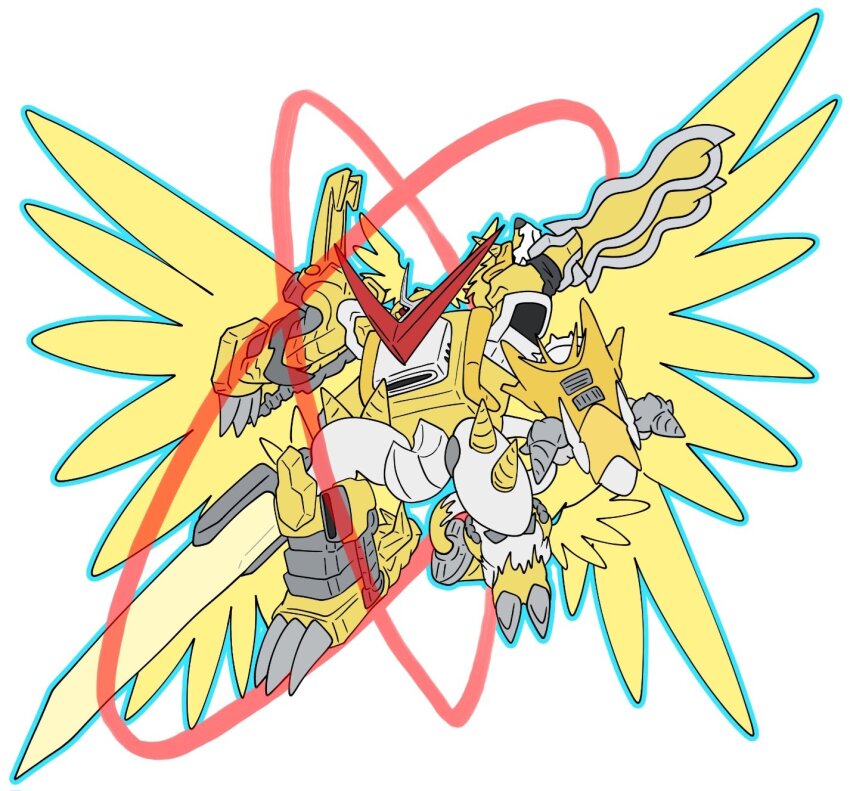 digimon digimon_(creature) drill fusion highres shoutmon_x7 shoutmon_x7_superior_mode solo sword tail weapon wings