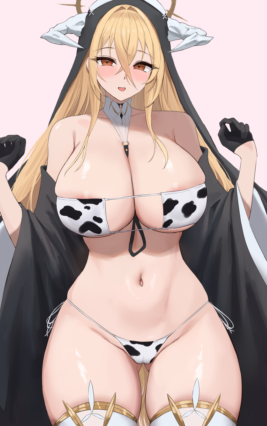 1girl absurdly_long_hair absurdres animal_print azur_lane bare_shoulders bikini black_gloves blonde_hair breasts cleavage cow_print cow_print_bikini cowboy_shot crossed_bangs gloves gold_trim half_gloves hands_up highres implacable_(azur_lane) large_breasts long_hair looking_at_viewer nun orange_eyes print_bikini rk_(cc15915r) side-tie_bikini_bottom solo swimsuit thighhighs very_long_hair white_thighhighs