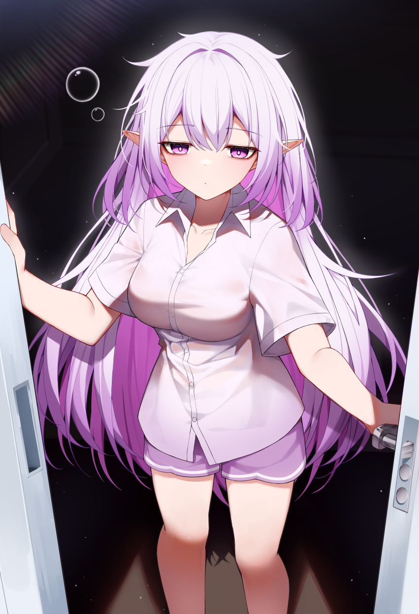 1girl absurdres alternate_costume breasts castorice_(honkai:_star_rail) collared_shirt commentary dolphin_shorts doorway highres honkai:_star_rail honkai_(series) large_breasts long_hair muou opening_door pointy_ears pov_doorway purple_eyes purple_hair purple_shorts shirt shorts very_long_hair waking_up white_shirt