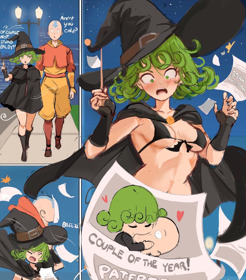 1boy 1girl aang aang_(cosplay) accidental_exposure avatar:_the_last_airbender avatar_legends bald bikini bikini_under_clothes black_bikini black_cape black_hat breasts cape commentary cosplay curly_hair english_commentary english_text flipped_hair flyer green_eyes green_hair hat highres holding holding_wand lamppost medium_breasts meme night one-punch_man rakeemspoon revision saitama_(one-punch_man) short_hair sidewalk swimsuit tatsumaki walking wand wind witch_hat yoshi_and_toad_kissing_(meme)