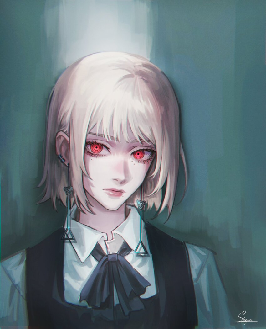 1girl artist_name chainsaw_man dress earrings fami_(chainsaw_man) fourth_east_high_school_uniform grey_hair highres jewelry looking_at_viewer mole mole_under_eye mole_under_mouth multiple_moles pinafore_dress red_eyes ringed_eyes school_uniform short_hair signature sleeveless sleeveless_dress solo staryoruu tassel tassel_earrings