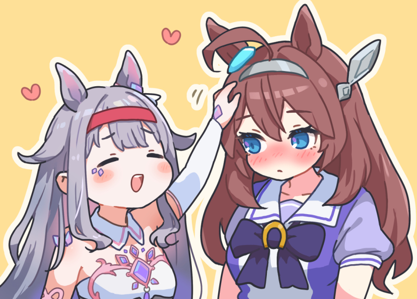 animal_ears blue_eyes blush bow brown_hair closed_eyes ear_bow ear_ornament ear_ribbon grey_hair headpat hololive hololive_english horse_ears horse_girl horse_tail jewel_under_eye kemonomimi_mode koseki_bijou mihono_bourbon_(umamusume) multicolored_hair ogawagawagaw purple_shirt sailor_collar sailor_shirt school_uniform shirt tail tracen_school_uniform tracen_training_uniform umamusume virtual_youtuber
