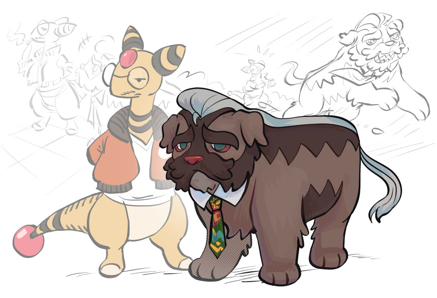absurdres ampharos animalization blue_eyes bomber_jacket clothed_pokemon disco_elysium dog facial_hair gen_2_pokemon glasses harry_du_bois highres horrific_necktie jacket kim_kitsuragi mabosstiff multiple_views necktie nintendo northernfire orange_jacket pokemon pokemon_(creature) pokemonization shirt standing stubble white_shirt