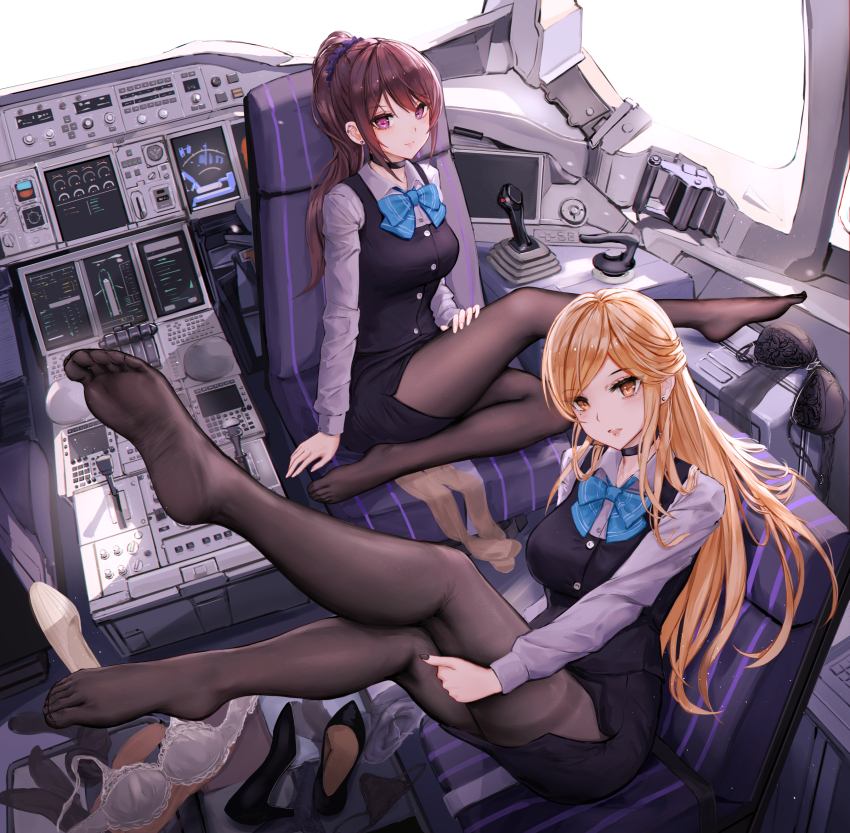 2girls aircraft airplane airplane_interior black_hair blonde_hair employee_uniform feet feet_up flight_attendant formal_clothes highres jet_airliner legs_up long_hair long_sleeves looking_at_viewer multiple_girls necktie original panty_&amp;_stocking_with_garterbelt pantyhose pencil_skirt ponytail purple_eyes skirt skirt_suit soles suit travel_attendant yellow_eyes yuzuriha_(atelier_liang)