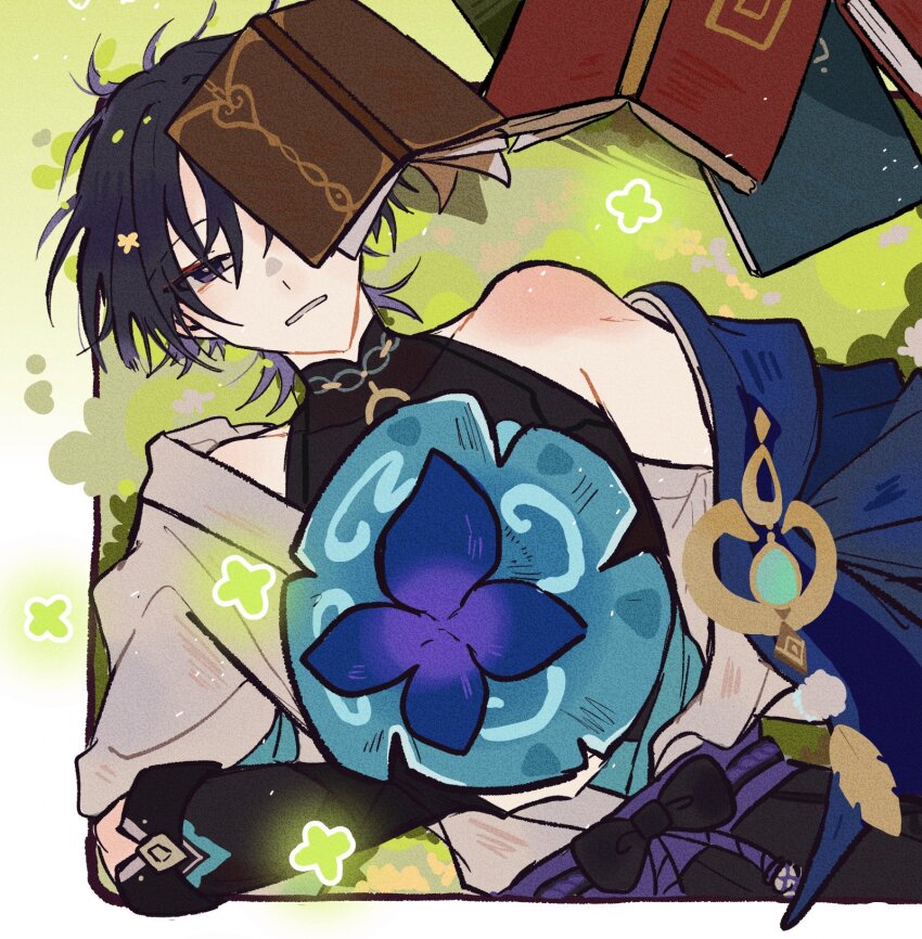 1boy aqua_gemstone aranara_(genshin_impact) ararycan_(genshin_impact) armor black_bridal_gauntlets black_hair blue_cape blue_kimono blue_sleeves book bridal_gauntlets cape colored_tips creature eyeliner eyeshadow feathers gem genshin_impact han&#039;eri highres holding holding_creature japanese_armor japanese_clothes kimono kote kurokote layered_kimono layered_sleeves looking_at_viewer looking_up lying makeup male_focus multicolored_hair on_back open_book open_clothes open_kimono open_mouth pom_pom_(clothes) purple_eyes purple_hair red_eyeliner red_eyeshadow scaramouche_(genshin_impact) short_sleeves shoulder_blush single_bare_shoulder single_off_shoulder tempurian tsurime vision_(genshin_impact) wanderer_(genshin_impact) white_kimono white_mouth white_sleeves yellow_feathers