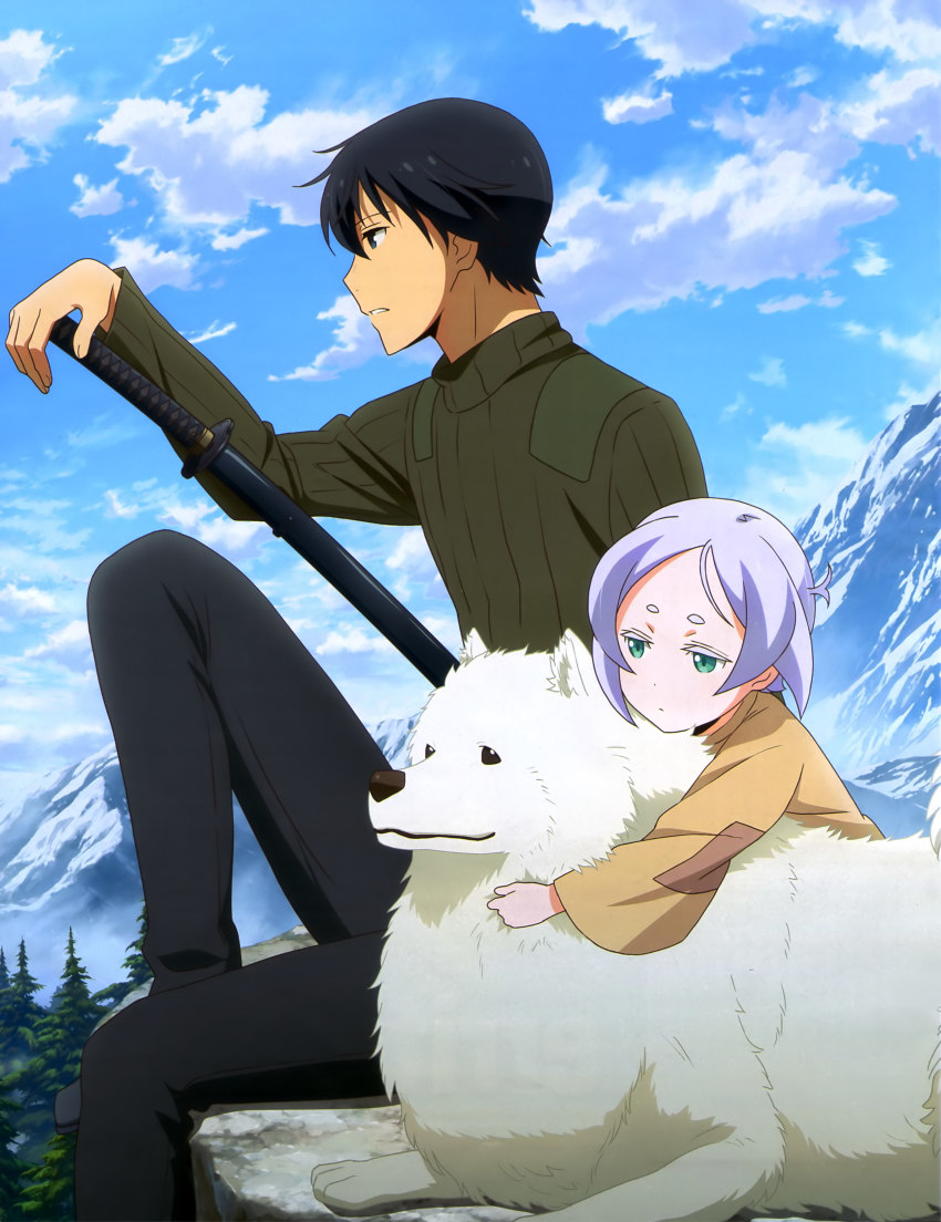 absurdres black_eyes black_hair black_pants blue_sky cloud day dog forest from_side green_eyes hair_between_eyes highres katana kino_no_tabi mountain nature outdoors pants riku_(kino_no_tabi) sheath sheathed shizu_(kino_no_tabi) short_hair silver_hair sitting sky sweater sword tea_(kino_no_tabi) weapon