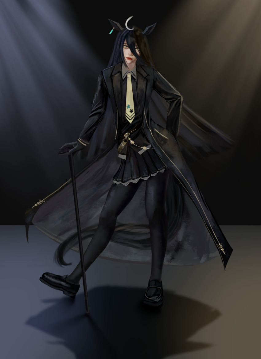 1girl absurdres ahoge animal_ears belt black_belt black_gloves black_hair black_pantyhose black_shirt black_shoes black_skirt cane collared_shirt ear_tag earrings gloves hair_between_eyes highres holding holding_cane horse_ears horse_girl horse_tail jewelry lips long_hair long_hair_between_eyes long_sleeves manhattan_cafe_(umamusume) multicolored_hair necktie pantyhose pleated_skirt shirt shoes single_earring skirt solo stage_lights tail thefatum umamusume very_long_hair white_hair yellow_eyes yellow_necktie