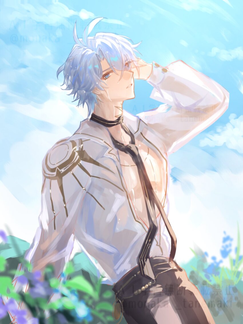 1boy antenna_hair belt black_belt black_choker black_necktie black_pants blue_eyes blue_sky choker collared_shirt cowboy_shot highres honkai:_star_rail honkai_(series) long_sleeves looking_at_viewer male_focus necktie pants parted_bangs parted_lips partially_unbuttoned pectoral_cleavage pectorals phainon_(anan)_(honkai:_star_rail) phainon_(honkai:_star_rail) shirt short_hair sky solo sun_print tanemaki_monaka wet wet_clothes wet_hair wet_shirt white_hair white_shirt