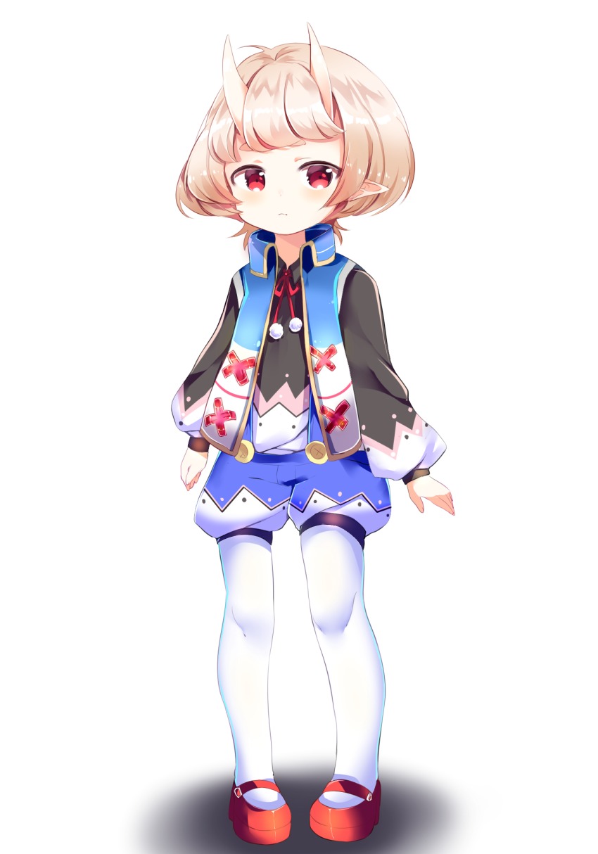 1girl blush brown_hair closed_mouth female_focus full_body highres long_sleeves looking_at_viewer original pantyhose pointy_ears red_eyes shu_(pjxv7485) simple_background solo standing white_background white_pantyhose