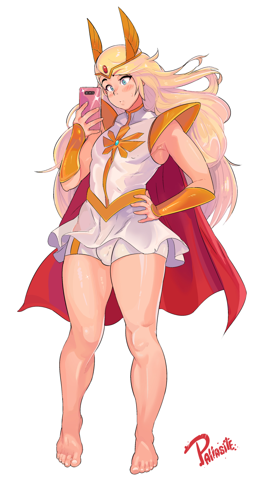 1boy absurdres armor artist_name barefoot bike_shorts blonde_hair blue_eyes blush bracer bulge cape cellphone commentary cosplay english_commentary forehead_jewel full_body hand_on_own_hip head_wings highres holding holding_phone long_hair male_focus masters_of_the_universe miniskirt original pallasite pauldrons phone red_cape selfie she-ra she-ra_(cosplay) she-ra_and_the_princesses_of_power shorts shorts_under_skirt shoulder_armor simple_background skirt smartphone solo sweatdrop tiara trap white_background wings