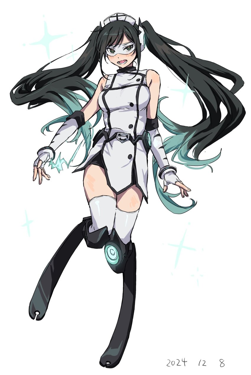 1girl amputee bare_shoulders black_hair blush breasts colored_tips dress dunant_pilse elbow_gloves eye_mask eye_mask fingerless_gloves full_body gloves green_eyes green_hair highres lady_black_(shy) large_breasts long_hair looking_at_viewer multicolored_hair open_mouth prosthesis prosthetic_leg running_blades short_dress shy_(series) simple_background skirt sleeveless sleeveless_dress solo superhero_costume takatisakana thighhighs twintails two-tone_hair very_long_hair white_background white_dress white_thighhighs