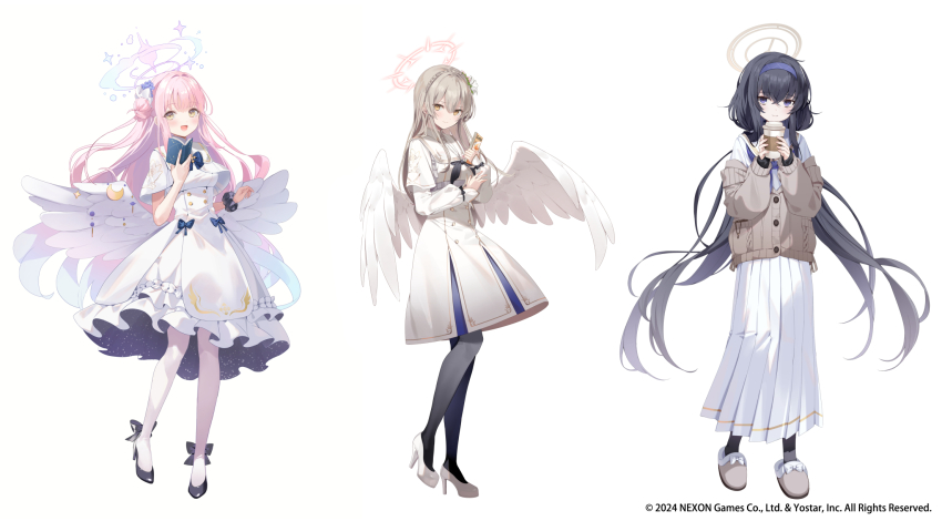 3girls angel_wings black_footwear black_pantyhose blue_archive blue_hair book capelet closed_mouth dark_blue_hair dress full_body halo high_heels highres holding holding_book kanda_done light_brown_hair long_hair long_skirt looking_at_viewer mika_(blue_archive) multiple_girls nagisa_(blue_archive) official_art open_mouth pantyhose pink_hair sailor_collar simple_background skirt slippers smile standing ui_(blue_archive) white_background white_capelet white_dress white_footwear white_pantyhose white_sailor_collar white_skirt white_wings wing_ornament wings yellow_eyes
