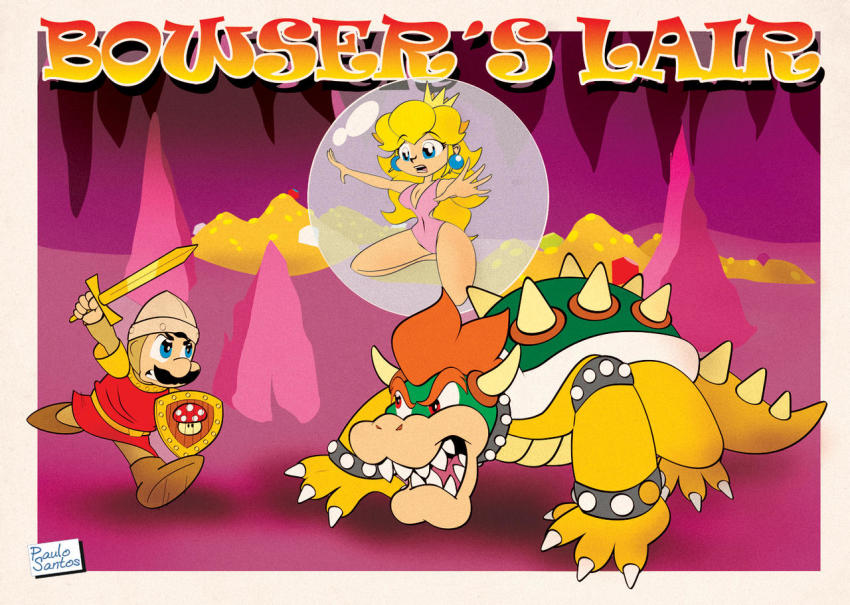 1girl 2boys blonde_hair blue_eyes bowser breasts brown_hair claws cleavage crown dirk_the_daring dragon&#039;s_lair facial_hair gold hat horns leotard long_hair mario mario_(series) mountain multiple_boys mushroom mustache nintendo pink_leotard princess_daphne princess_peach red_hair shield super_mario_bros._1 sword tail weapon