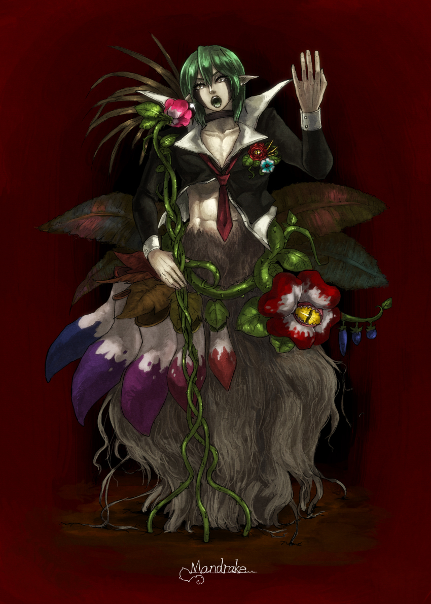 1boy abs absurdres colored_skin earrings facial_mark flower food_fighter_441 green_hair green_skin highres jewelry leaf male_focus mandragora mandrake microphone monster_boy necklace necktie open_mouth original plant pointy_ears solo teeth thorns tongue vines yellow_eyes