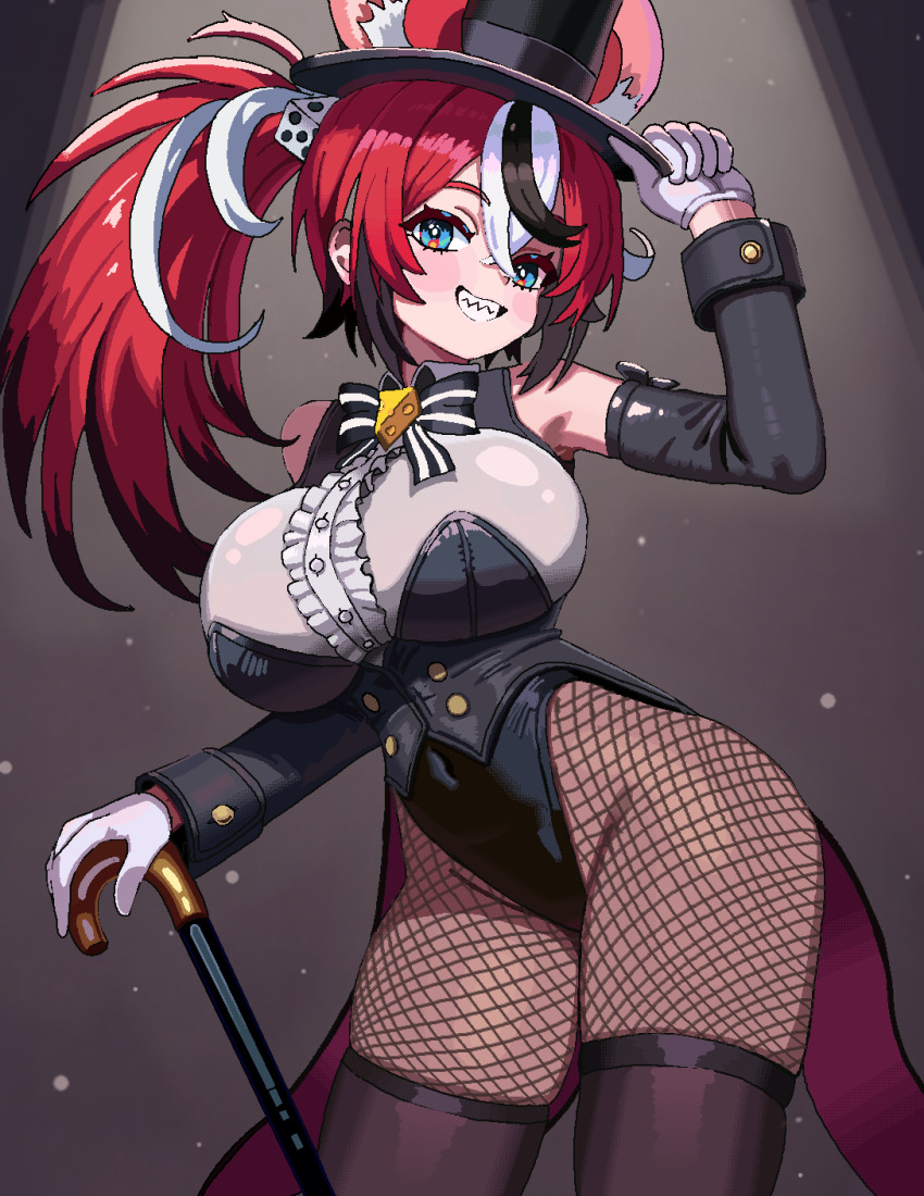 1girl alternate_breast_size_(larger) alternate_costume animal_ears black_coat black_streaks blue_eyes bow bowtie breasts brown_thighhighs cane center_frills cl_oor coat commentary covered_navel detached_sleeves dice_hair_ornament ears_through_headwear extra_ears fishnet_pantyhose fishnets frills gloves grin hair_ornament hakos_baelz hat highres holding holding_cane hololive hololive_english huge_breasts long_hair looking_at_viewer mouse_ears mouse_girl multicolored_hair open_mouth pantyhose red_hair sharp_teeth shirt smile solo spotlight standing streaked_hair striped_bow striped_bowtie striped_clothes tailcoat teeth thighhighs top_hat virtual_youtuber white_gloves white_shirt white_streaks